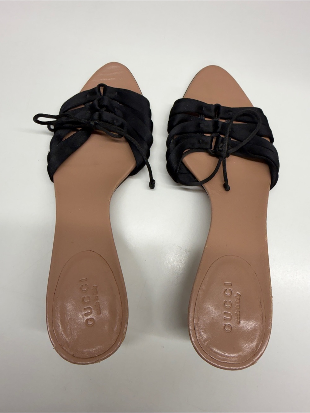Gucci Kitten Heel Pumps Open Toe Satin Lace Bow High Heel Shoes Black Size 7.5 - Picture 5 of 12